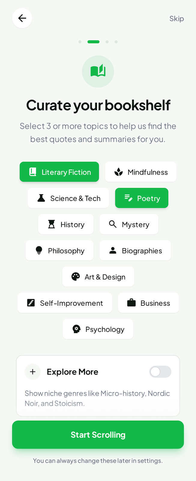 Scroll interests picker